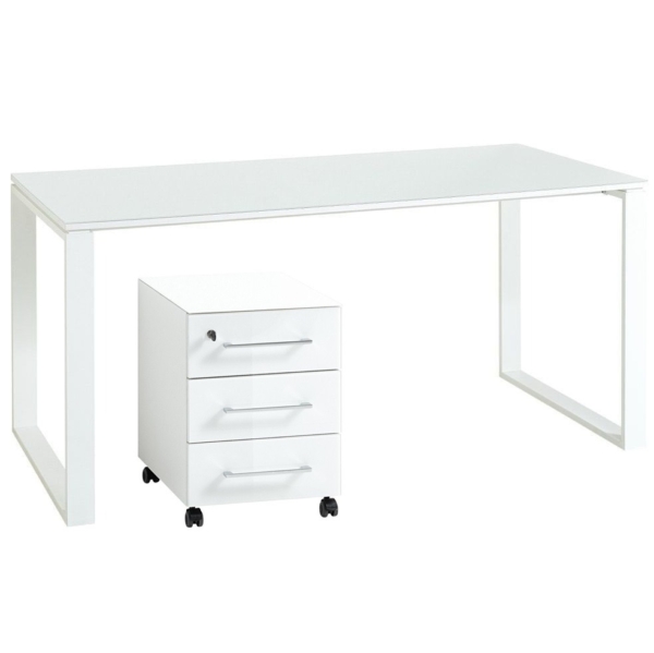 Bureau Set Monteria van 160 cm breed in wit met ladeblok