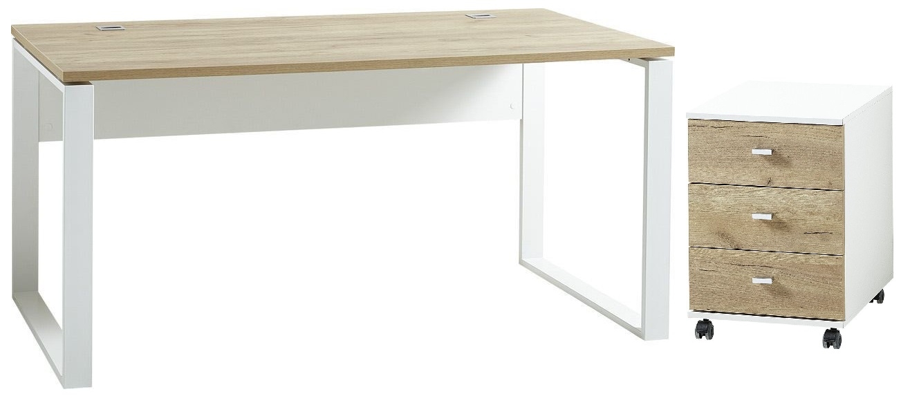 Bureau set Lioni 160 cm breed - wit met navarra eiken