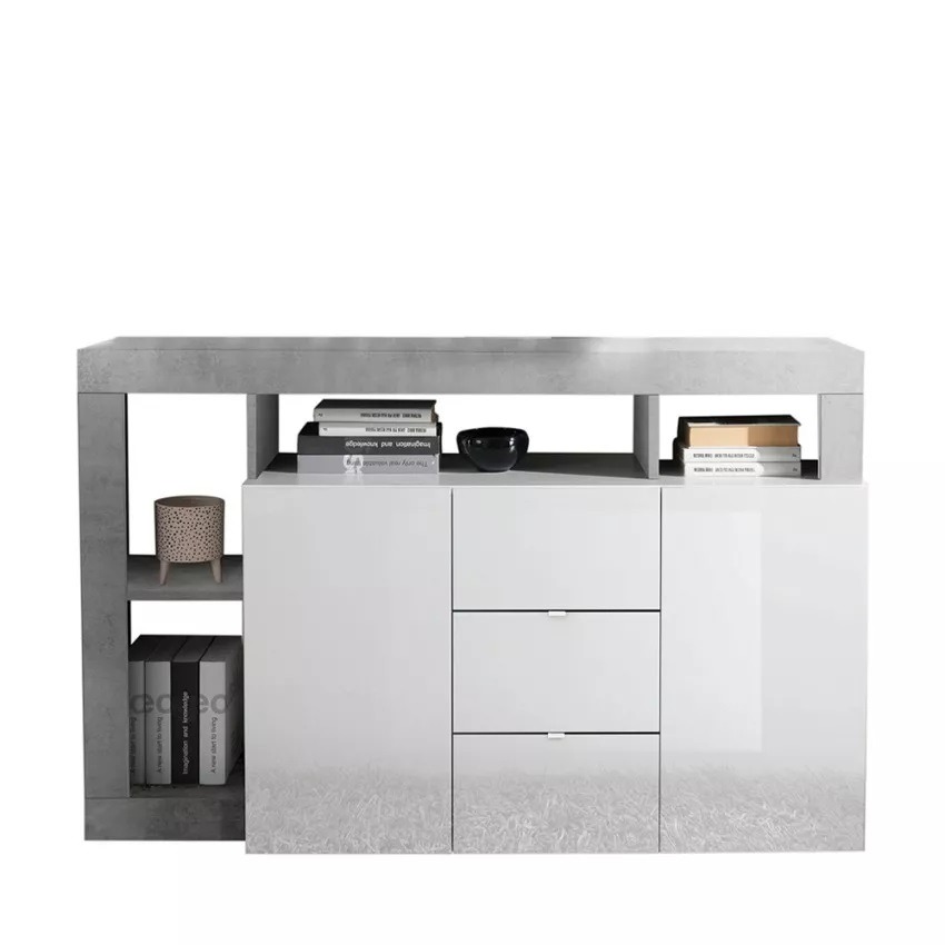 Dressoir Hamburg 146 cm breed 2 deurs 3 lade hoogglans wit met beton