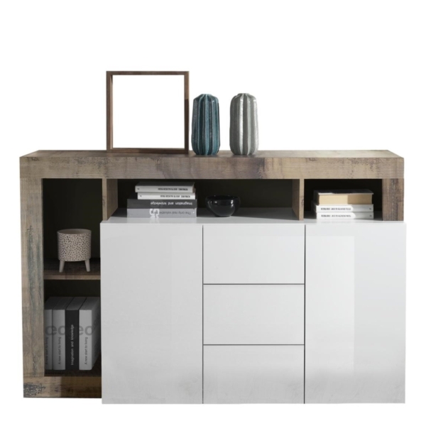 Dressoir Hamburg 146 cm breed 2 deurs 3 lade hoogglans wit met eiken