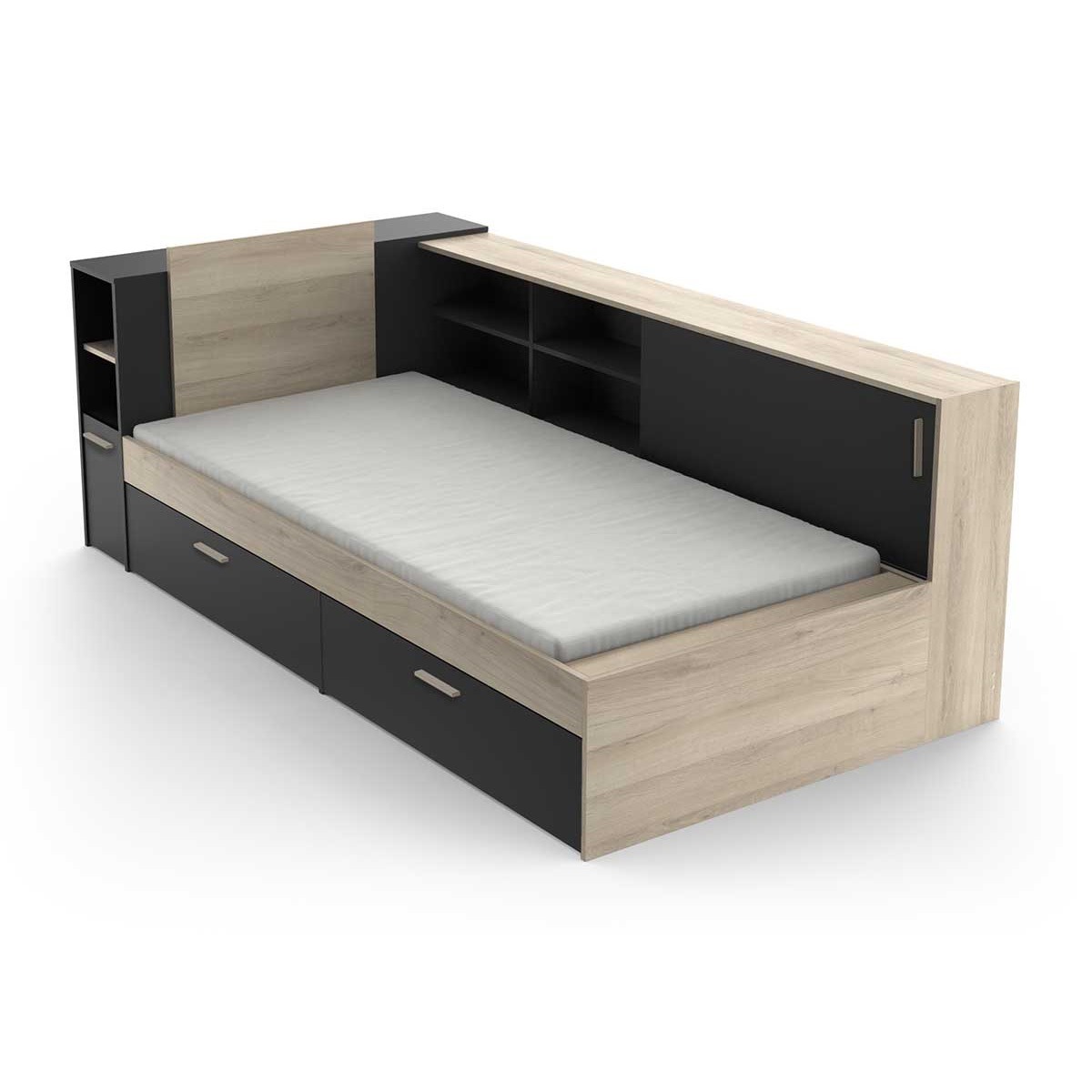 Eenpersoonsbed Life 90x190/200 cm zwart met eiken