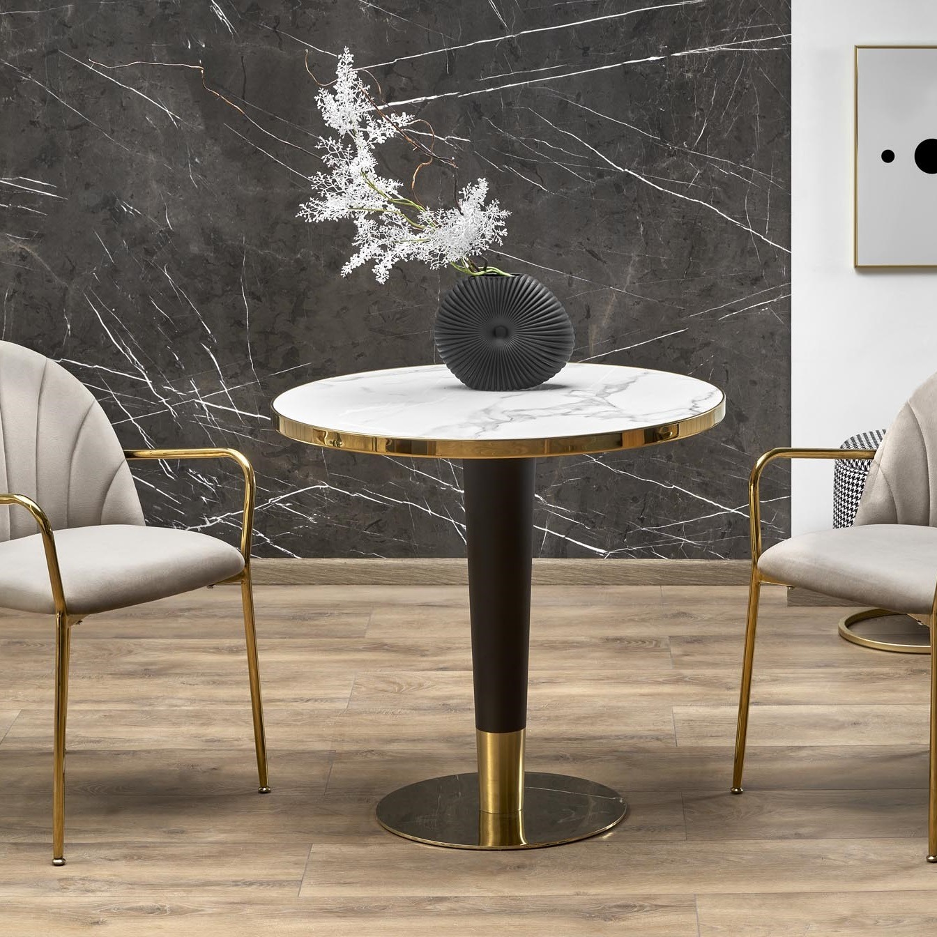 Ronde eettafel MORATA 79 cm marmer wit met goud