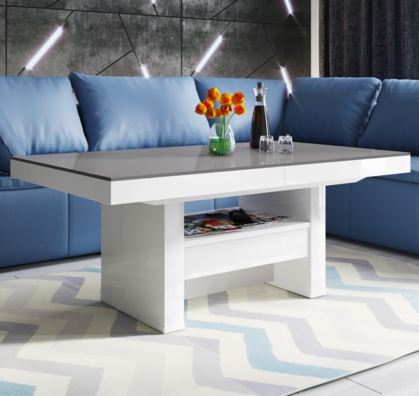 Salontafel / Eettafel Aversa Lux 120 tot 170 cm breed in hoogglans wit met grijs