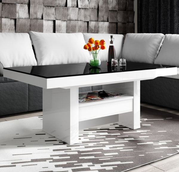 Salontafel / Eettafel Aversa Lux 120 tot 170 cm breed in hoogglans wit met zwart