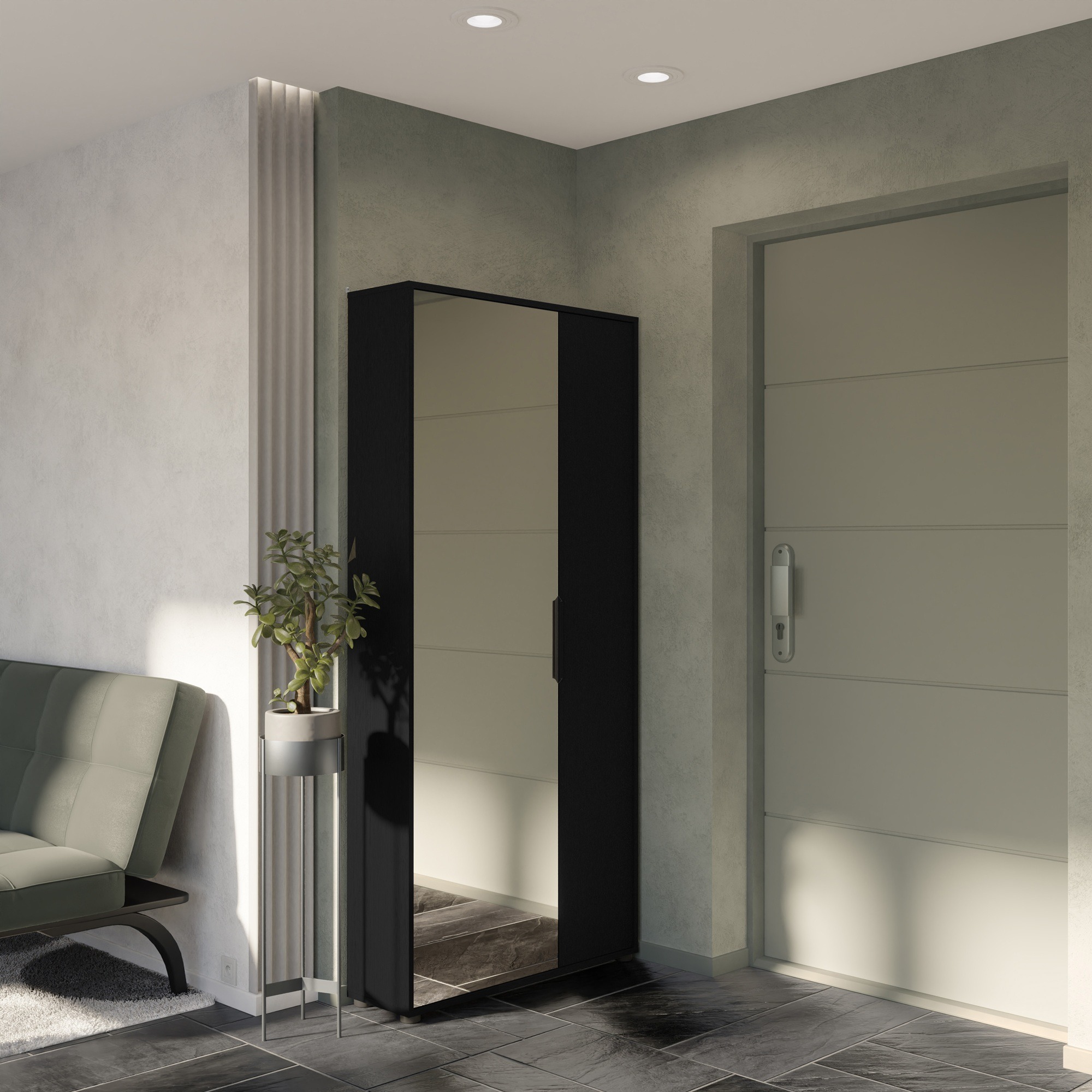 Schoenenkast Ebony met spiegeldeur - zwart