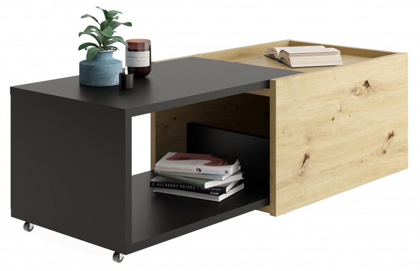 Salontafel Slide 38 cm Hoog Uitschuifbaar In Artisan Eiken Met Zwart