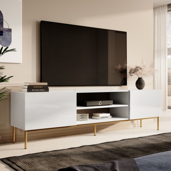 Tv-meubel Slide 200 cm breed hoogglans wit met goude poten
