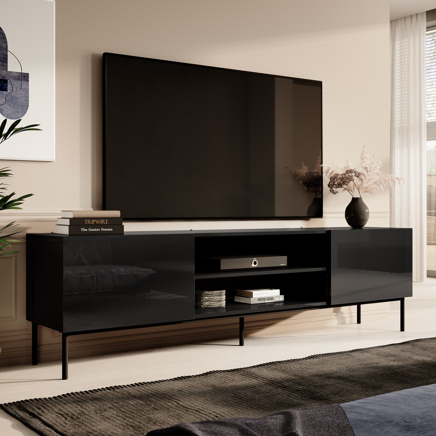 Tv-meubel Slide 200 cm breed hoogglans zwart met zwarte poten