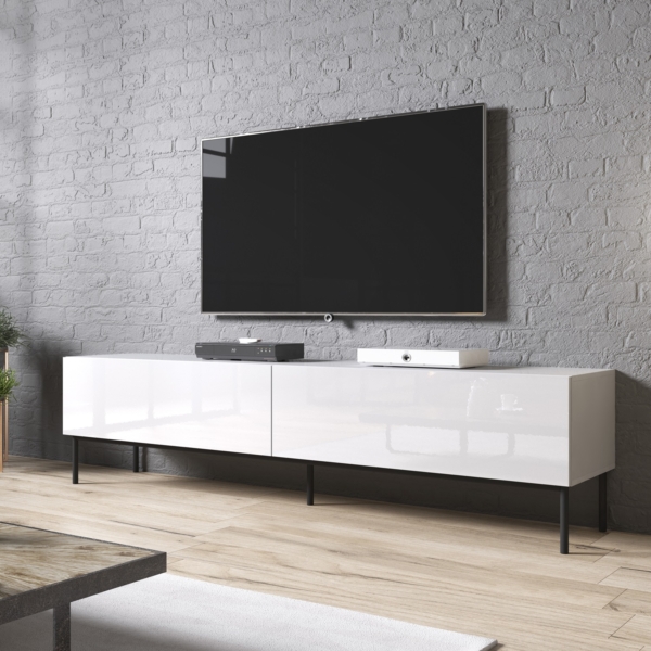 Tv-meubel Slide 2D 200 cm breed hoogglans wit met zwarte poten