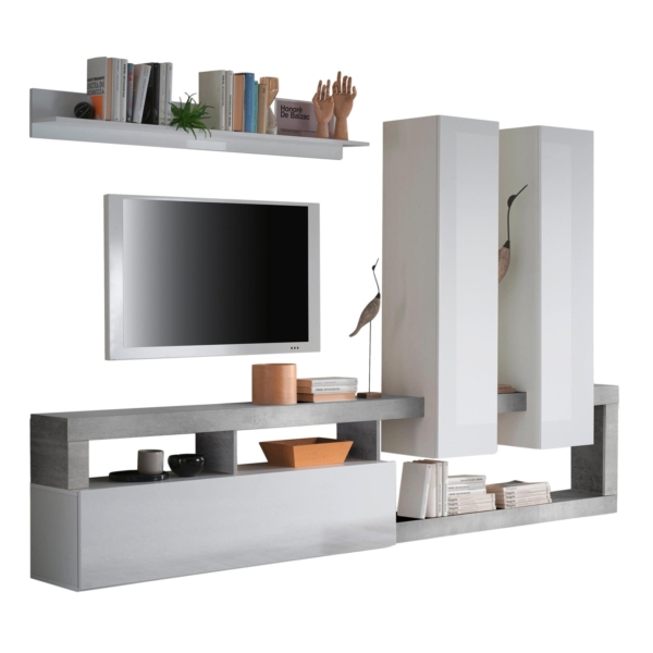 Tv-wandmeubel Hamburg 277 cm hoogglans wit met beton