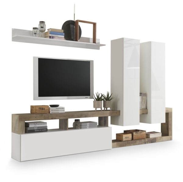 Tv-wandmeubel Hamburg 277 cm hoogglans wit met eiken