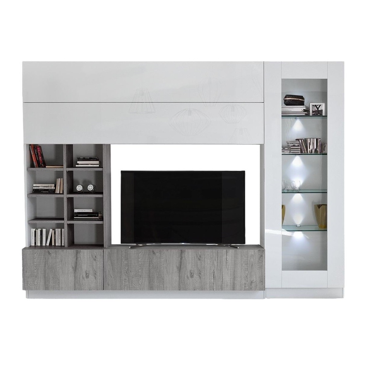 Tv-wandmeubel Line 280 cm breed in hoogglans wit met grijs eiken