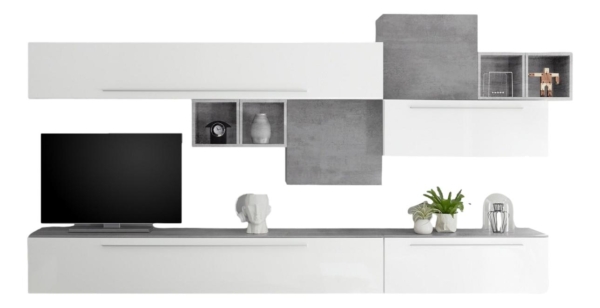 TV-wandmeubel set Andree in hoogglans wit met grijs beton