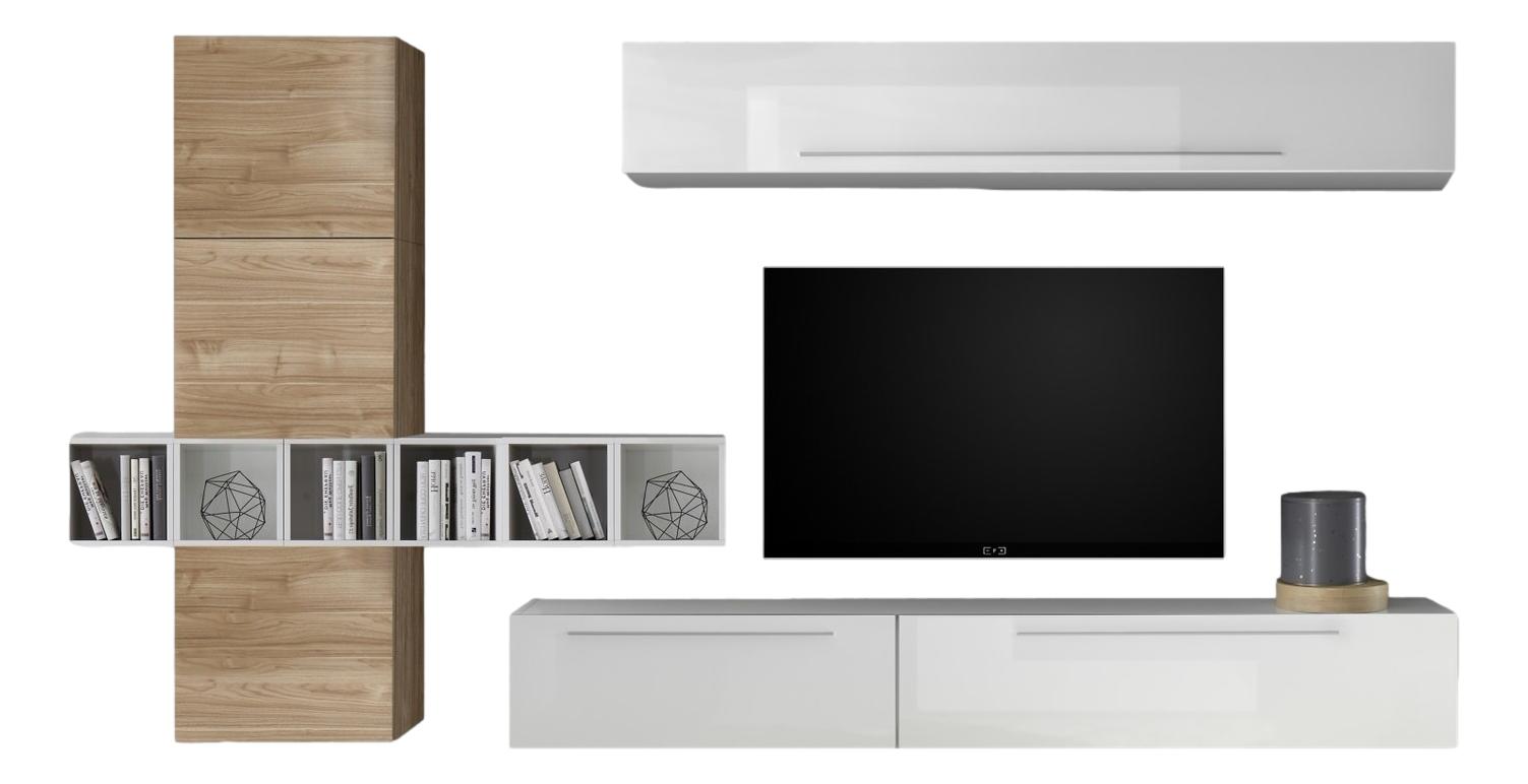 TV-wandmeubel set Bonbon in hoogglans wit met eiken