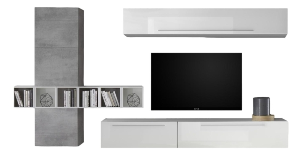 TV-wandmeubel set Bonbon in hoogglans wit met grijs beton