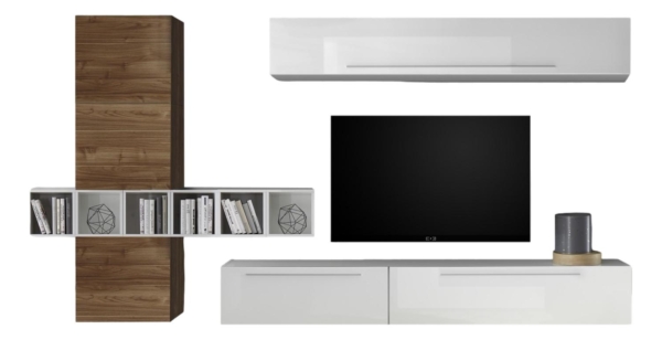 TV-wandmeubel set Bonbon in hoogglans wit met walnoot