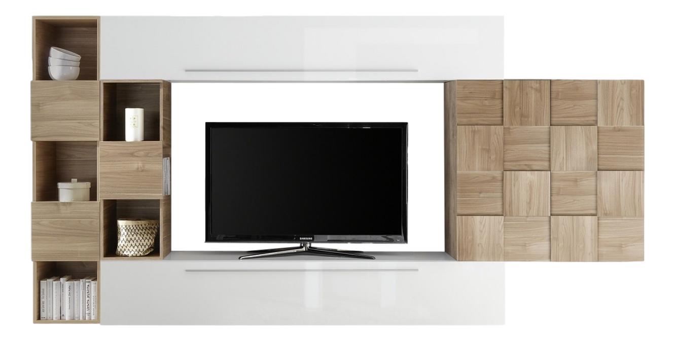 TV-wandmeubel set Dino in hoogglans wit met eiken