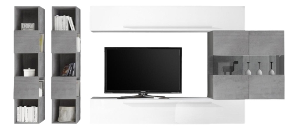 TV-wandmeubel set Feder in hoogglans wit met grijs beton