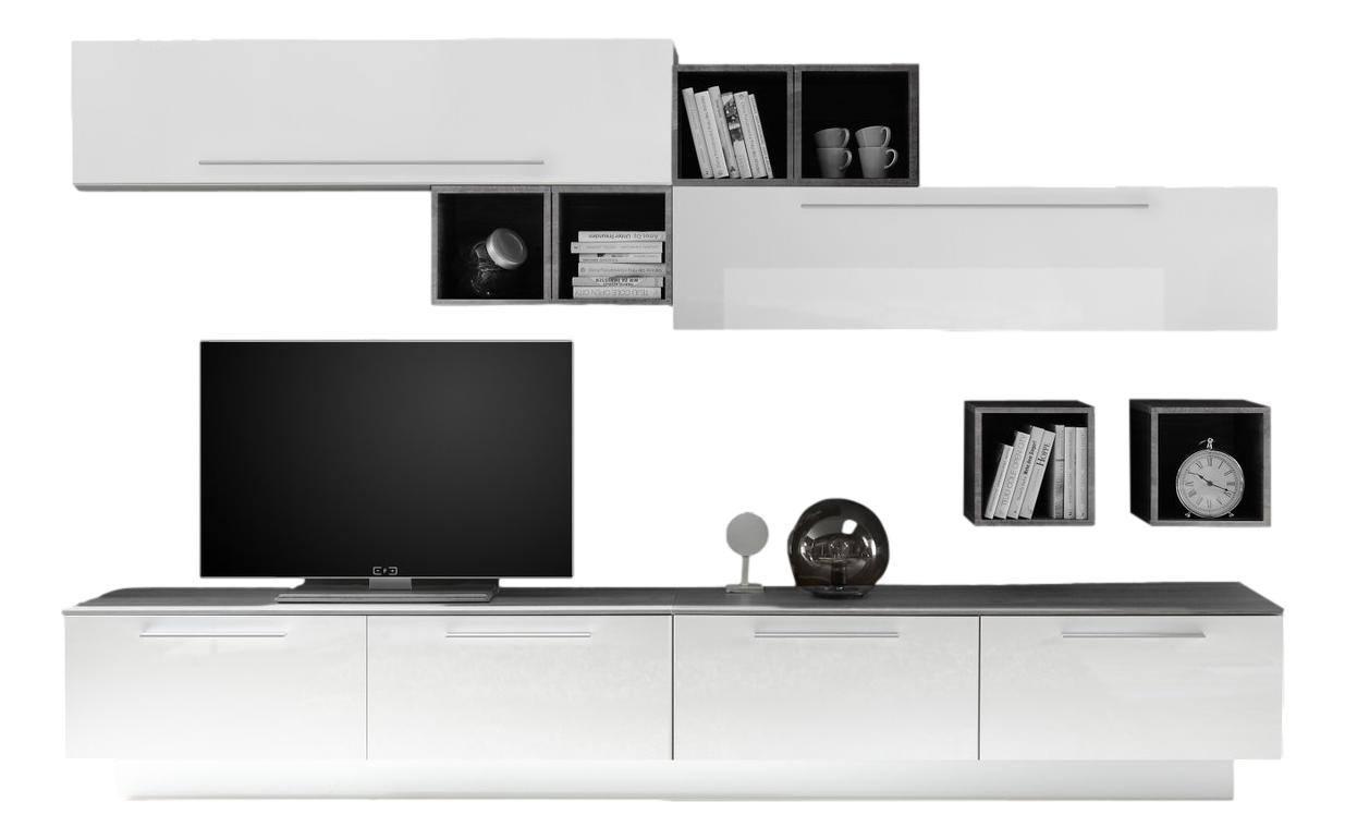 TV-wandmeubel set Fleur in hoogglans wit met grijs beton