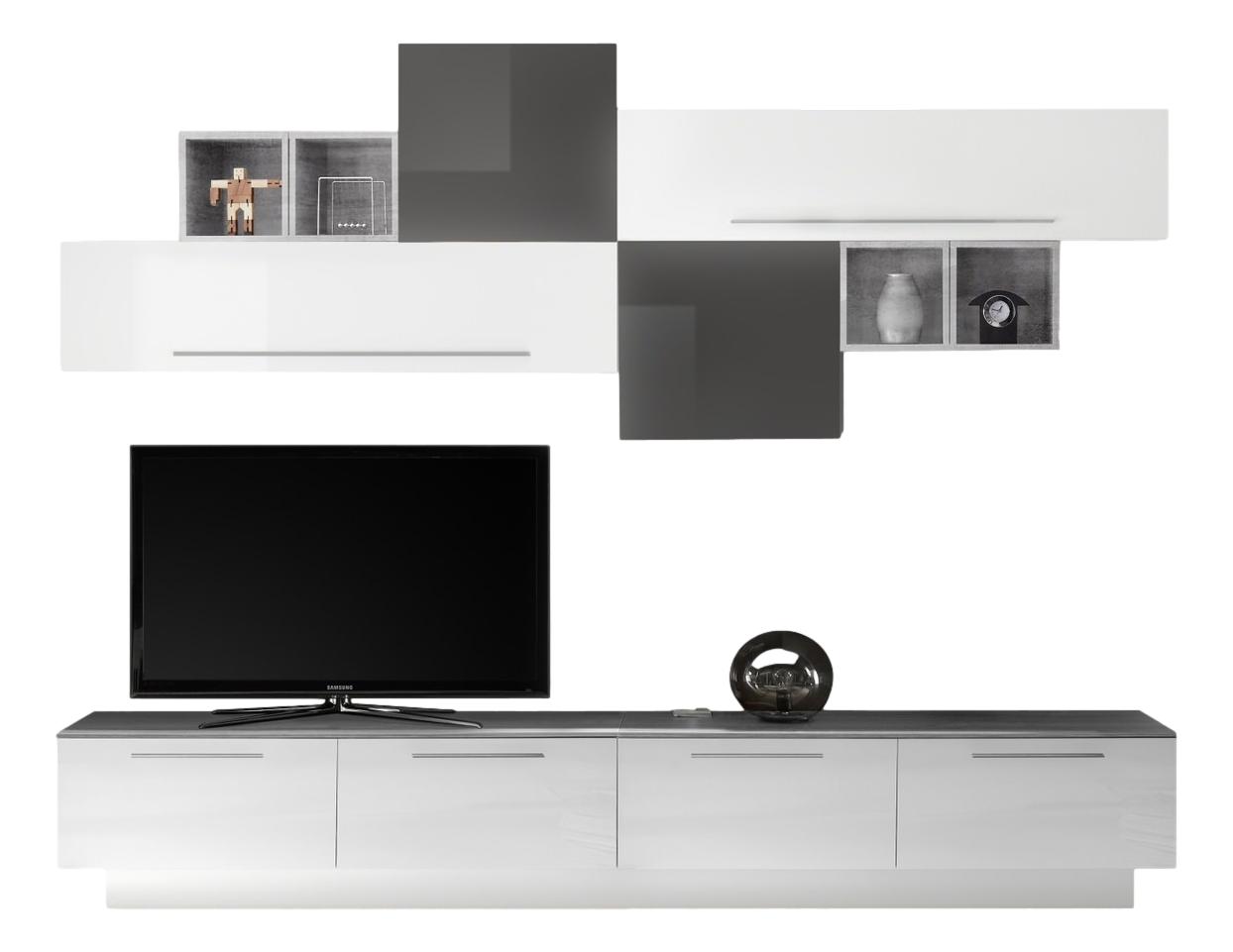 TV-wandmeubel set Helsing in hoogglans wit en grijs met grijs beton