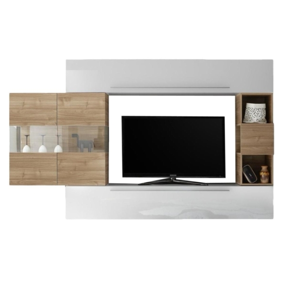 TV-wandmeubel set King in hoogglans wit met eiken