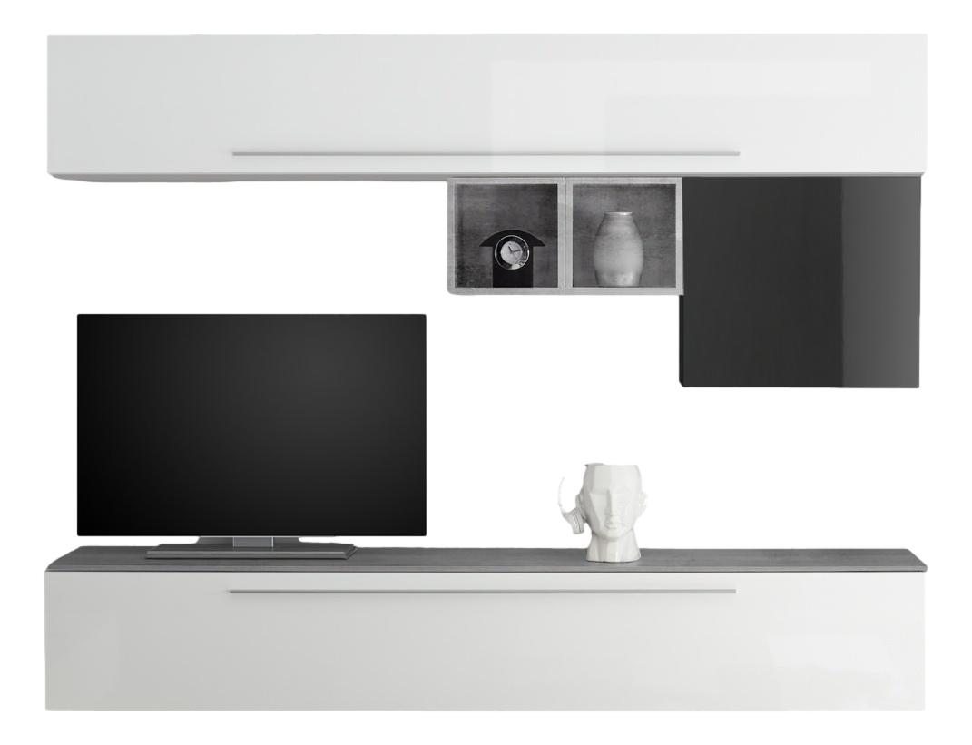 TV-wandmeubel set Miami in hoogglans wit en grijs met grijs beton
