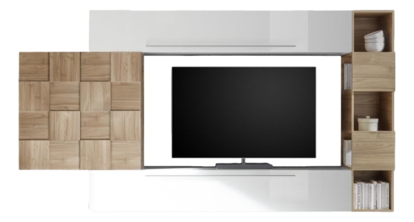 TV-wandmeubel set Mira in hoogglans wit met eiken