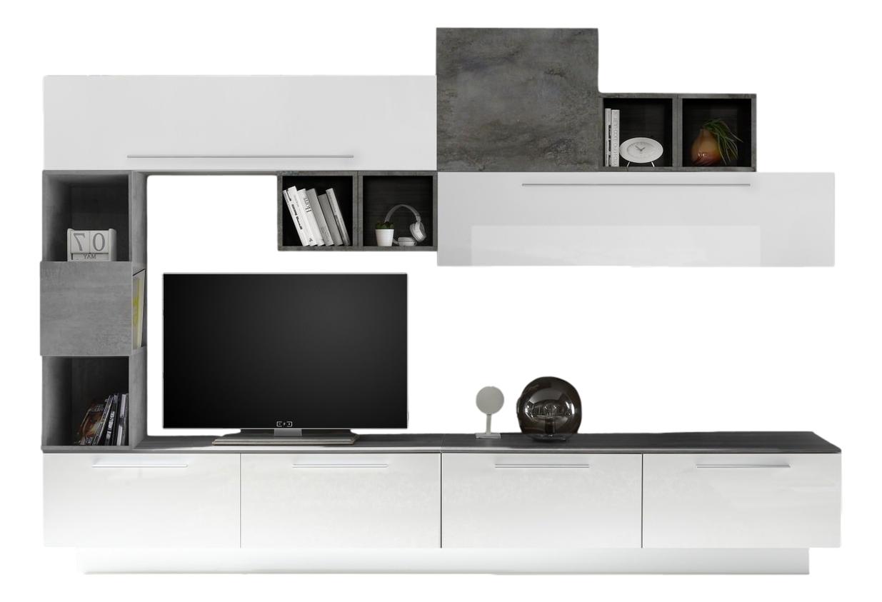 TV-wandmeubel set Reymen in hoogglans wit en oxid met grijs beton