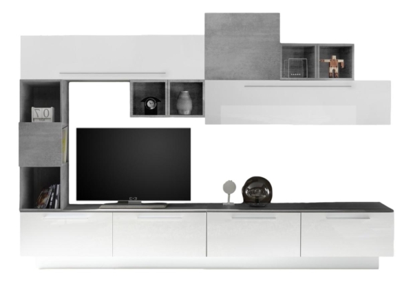 TV-wandmeubel set Reymen in hoogglans wit met grijs beton