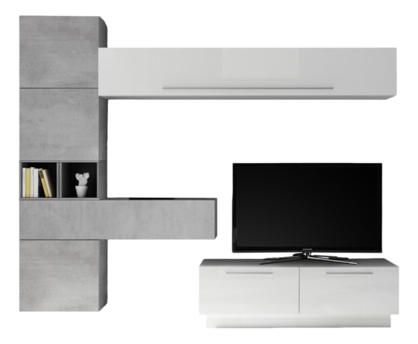 TV-wandmeubel set Toca in hoogglans wit met grijs beton