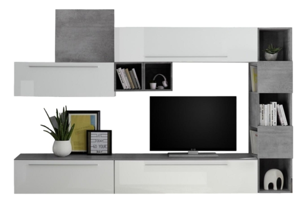 TV-wandmeubel set Vegeta in hoogglans wit met grijs beton