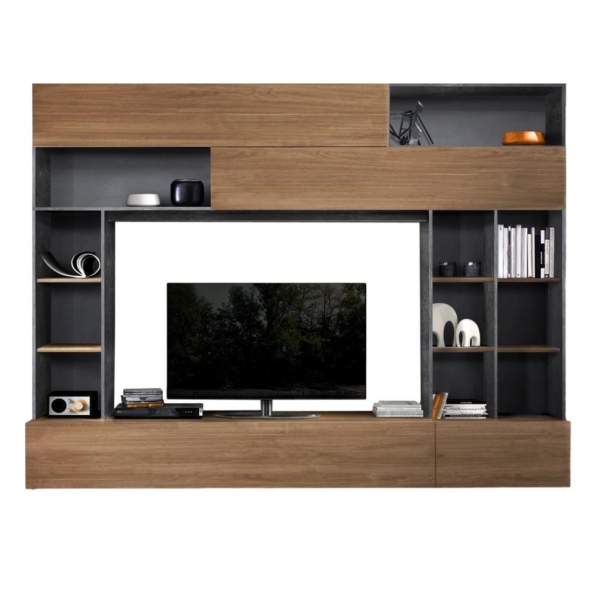Tv-wandmeubel Tiko 277 cm breed in oxid met stelvio walnoot