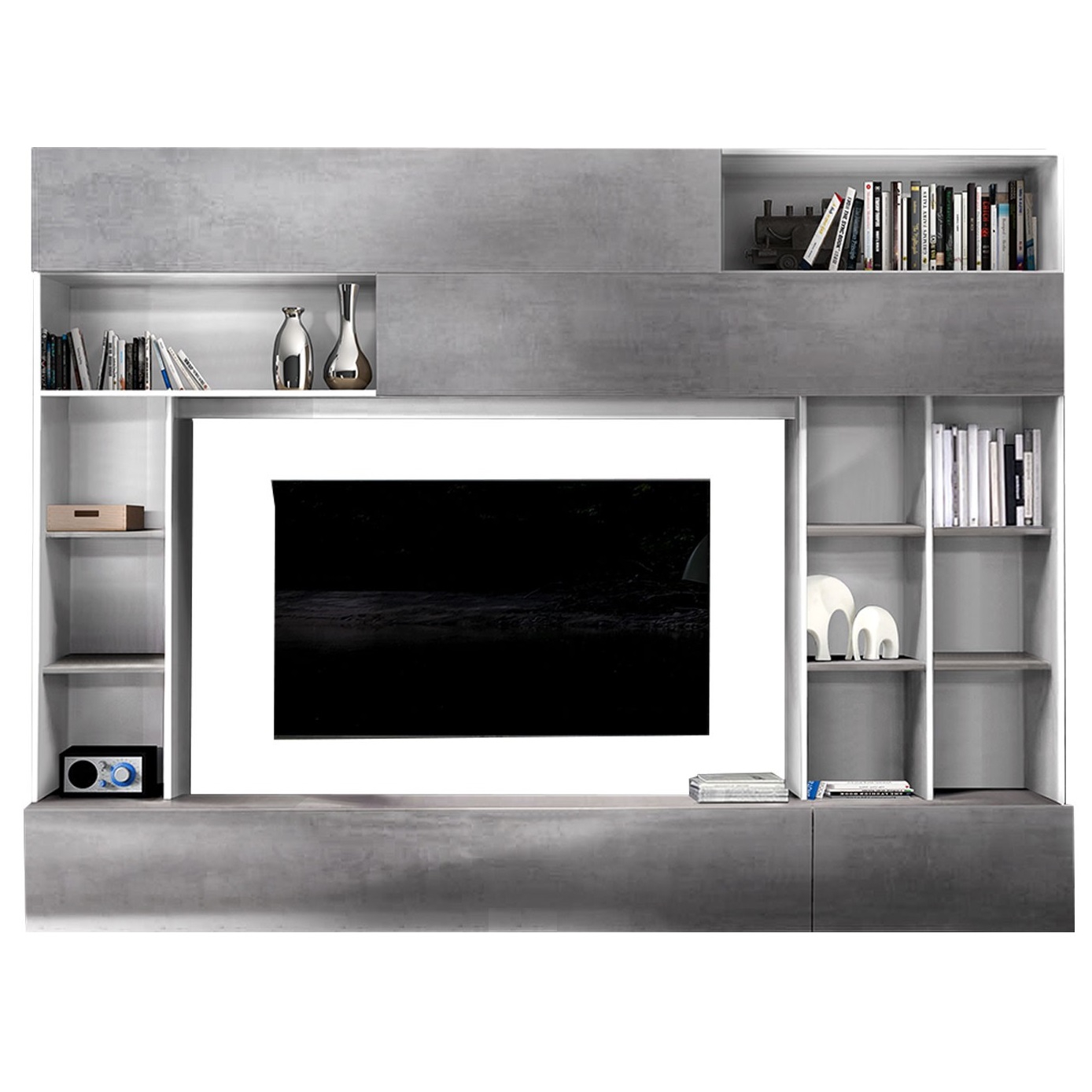 Tv-wandmeubel Tiko 277 cm breed in wit met grijs beton