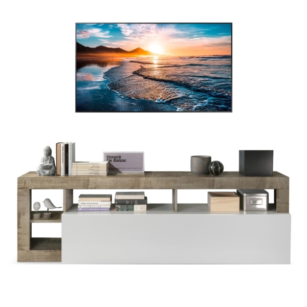 Tv Meubel Hamburg 184 cm breed hoogglans wit met eiken