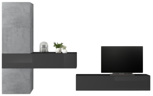 TV-wandmeubel Bruno in hoogglans grijs met grijs beton