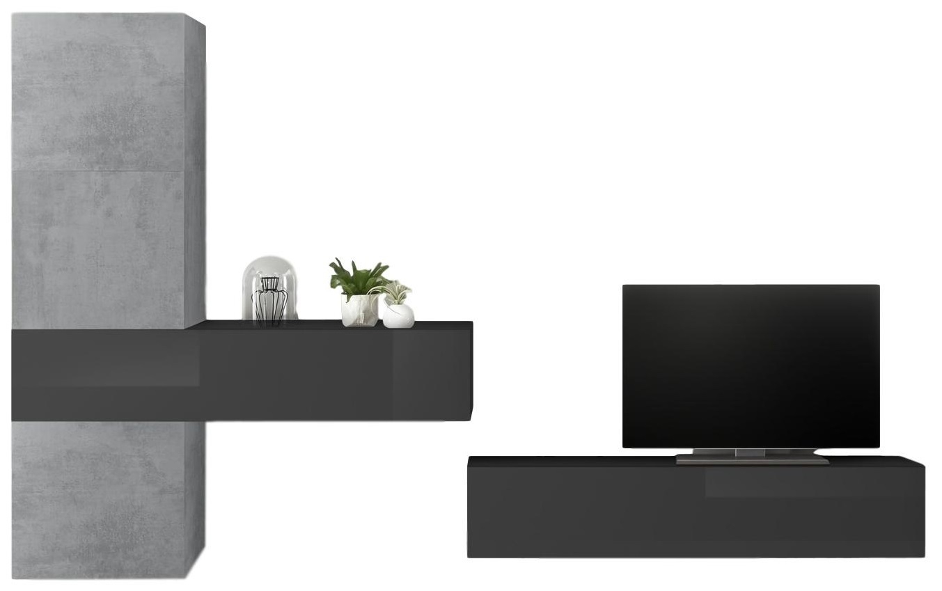 TV-wandmeubel Bruno in hoogglans grijs met grijs beton