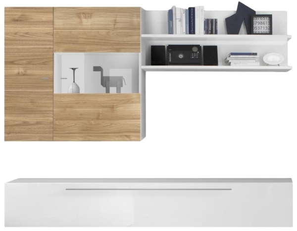 TV-wandmeubel set Helga in hoogglans wit met eiken