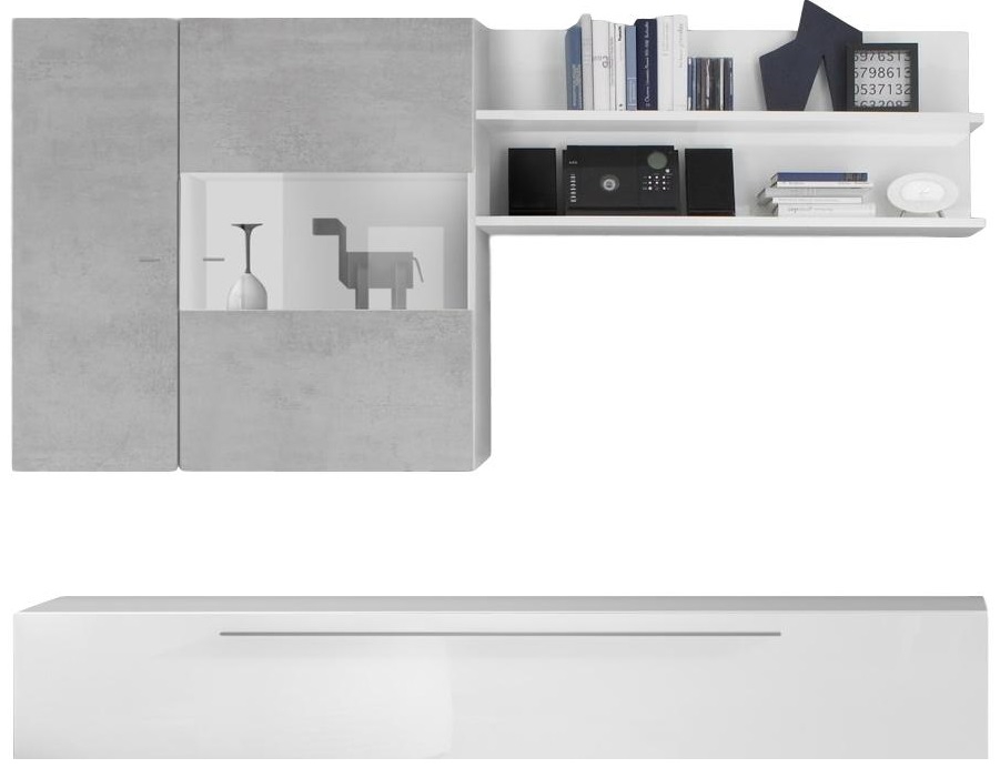 TV-wandmeubel set Helga in hoogglans wit met grijs beton