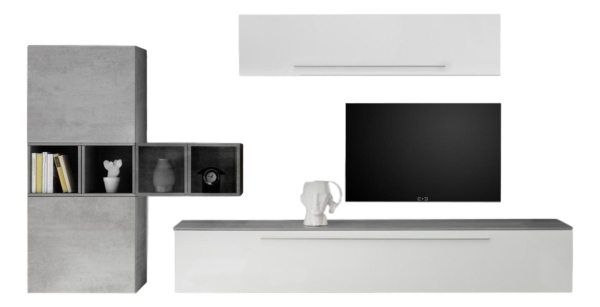 TV-wandmeubel set Kevin in hoogglans wit met grijs beton