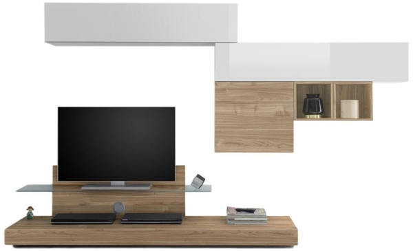 TV-wandmeubel set Mistro in hoogglans wit met eiken