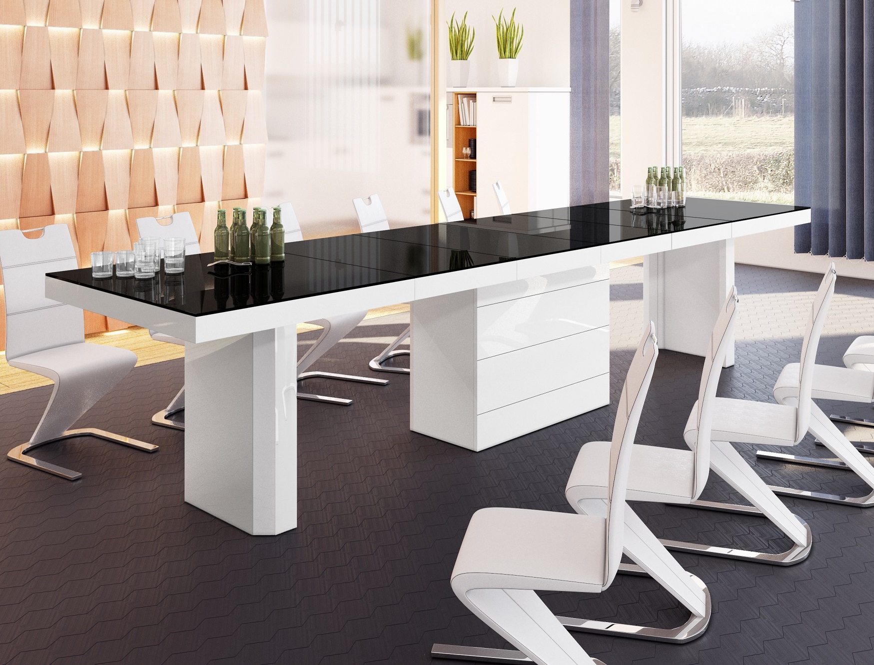 Uitschuifbare eettafel Kolos 160 tot 412 cm breed in hoogglans zwart met wit