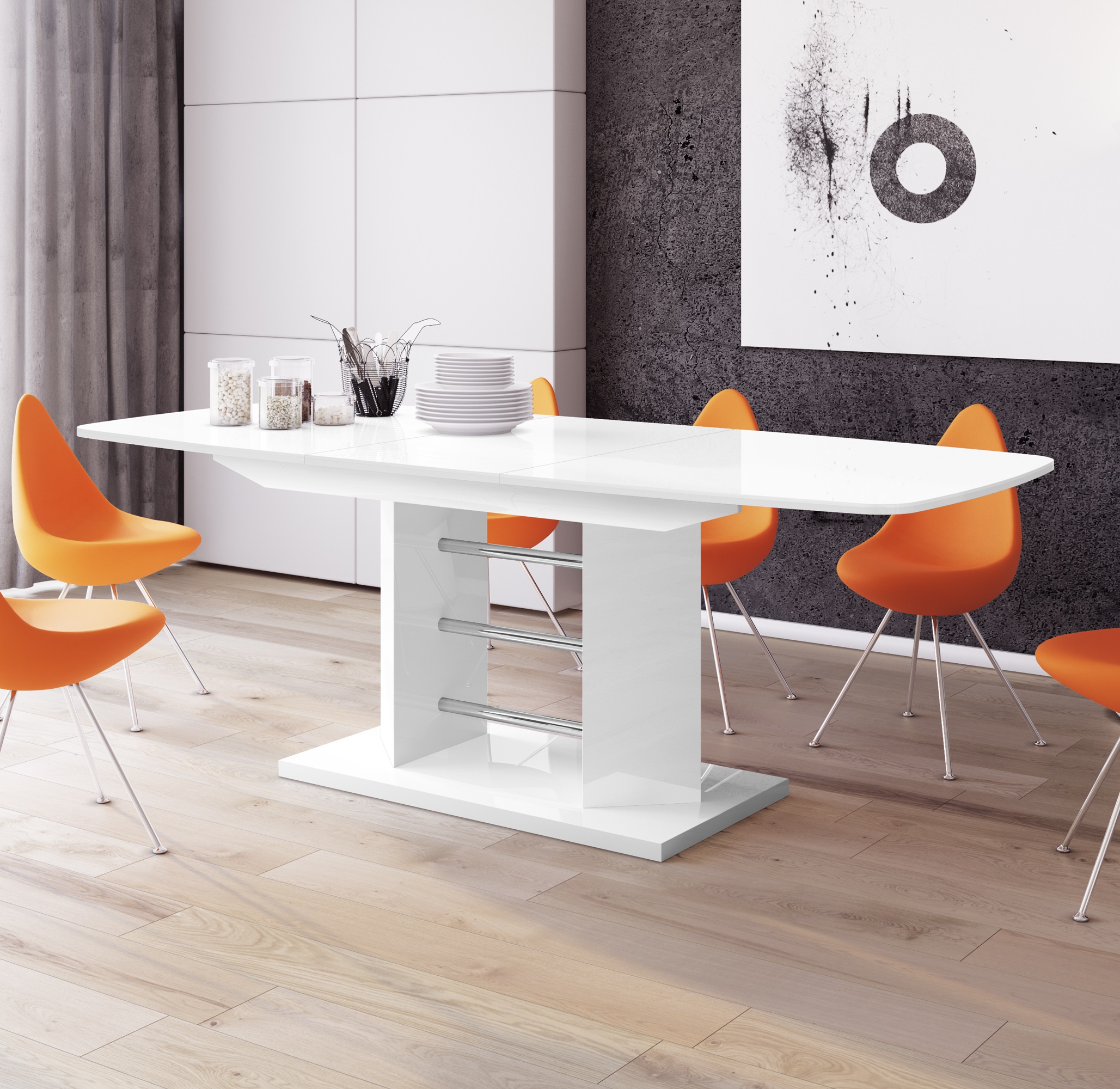 Uitschuifbare eettafel Linosa 160 tot 256 cm breed in hoogglans wit