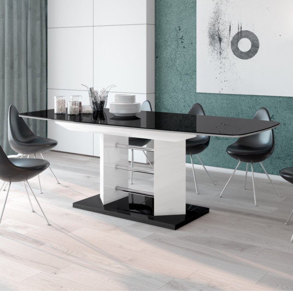 Uitschuifbare eettafel Linosa 160 tot 256 cm breed in hoogglans zwart met wit