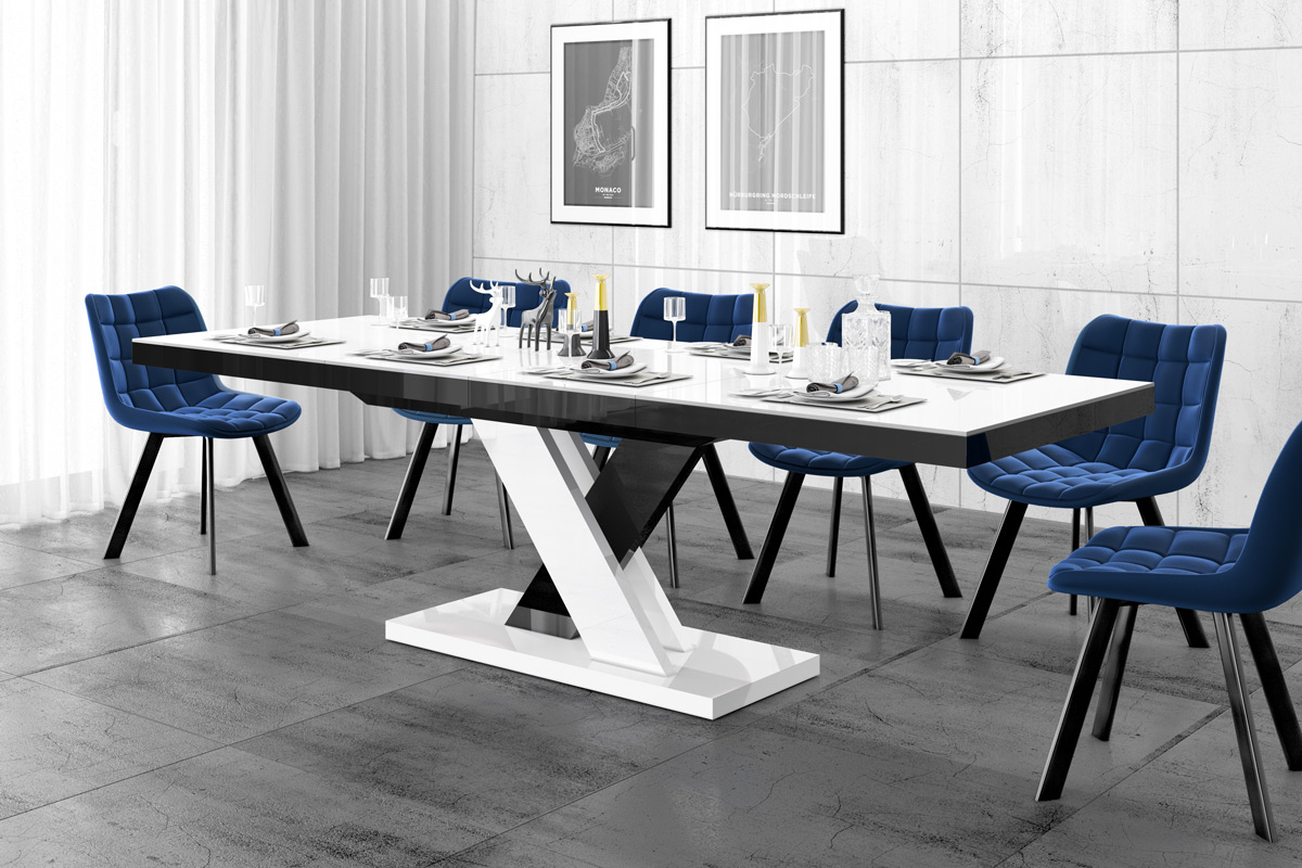 Uitschuifbare eettafel Xenon lux 160 tot 256 cm breed in hoogglans wit met zwart