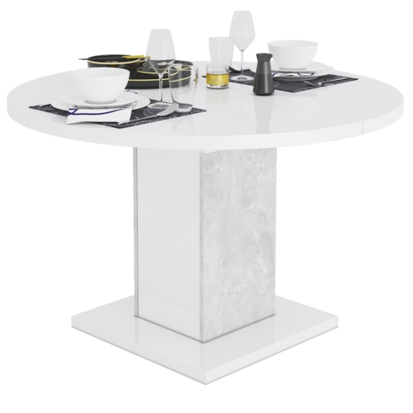 Uitschuifbare ronde eettafel Goya 120 tot 165 cm hoogglans wit met grijs