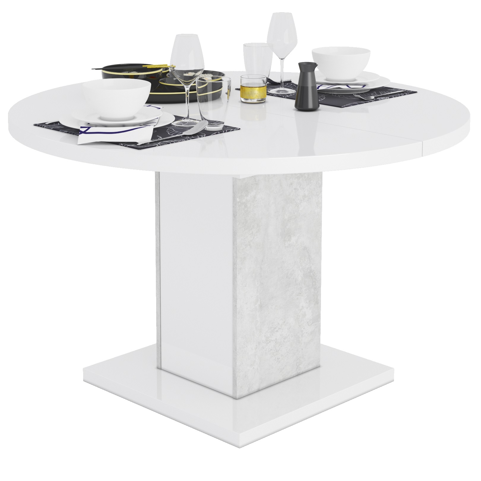 Uitschuifbare ronde eettafel Goya 120 tot 165 cm hoogglans wit met grijs