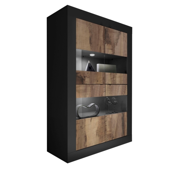 Vitrinekast Basic 162 cm hoog zwart met eiken