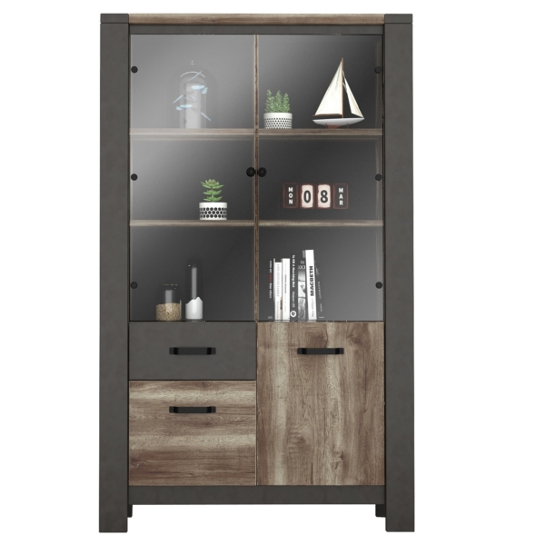 Vitrinekast Malt 204 cm hoog oud eiken met antraciet