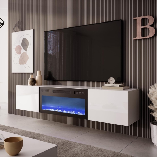 Zwevend Tv-meubel Livo 180 cm breed wit met sfeerhaard