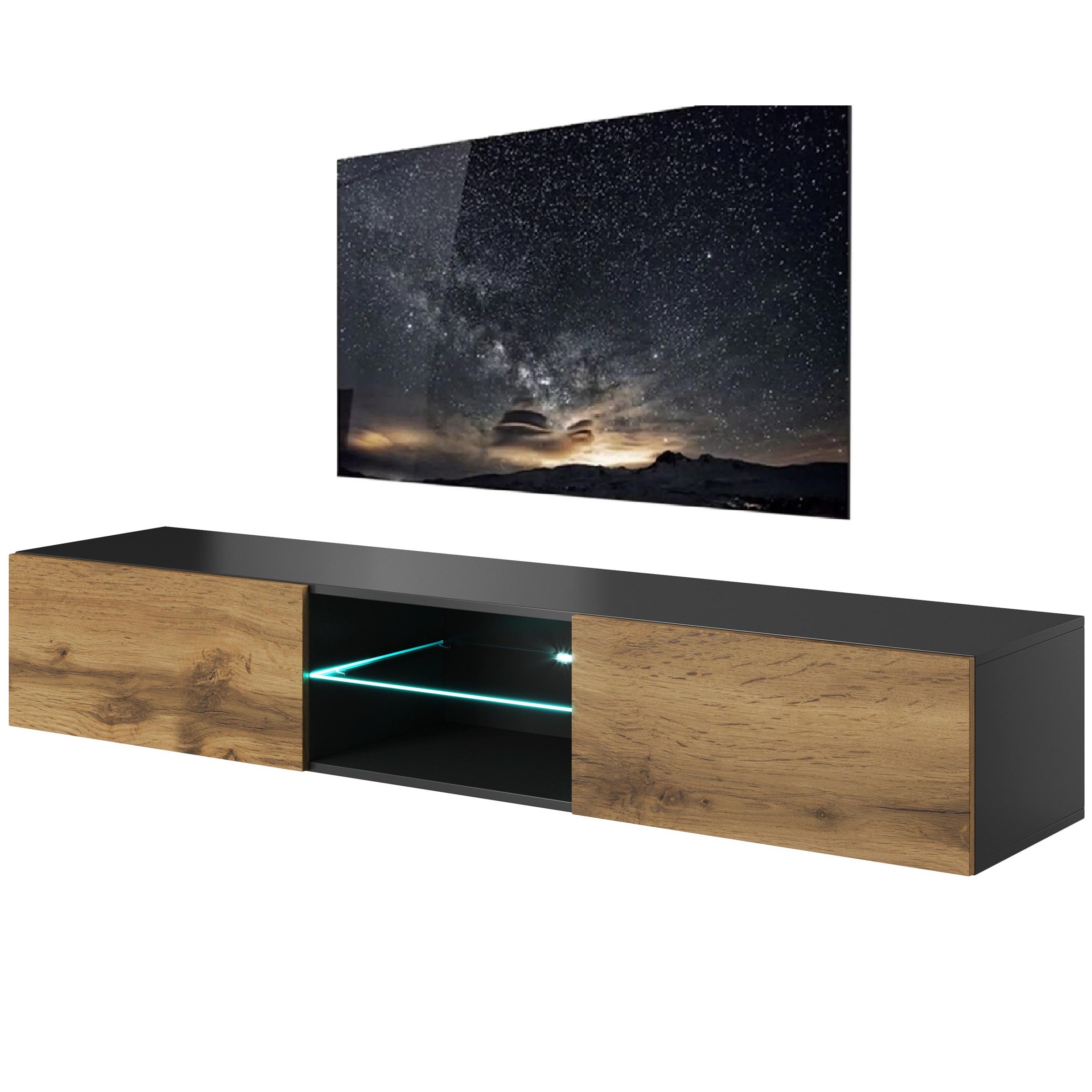 Zwevend Tv-meubel Livo 180 cm breed in votan eiken met antraciet